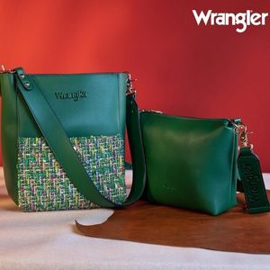 NEW!! 2pc Wrangler Chevron Logo Guitar Strap Crossbody Bag / Forest Green Tweed